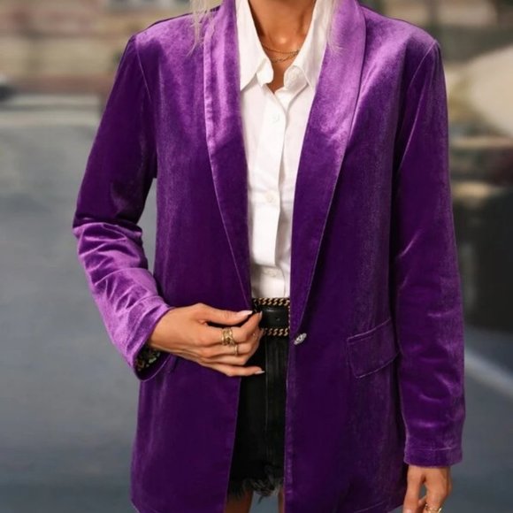button closure Shawl Collar Velvet Blazer Purple - Picture 2 of 7